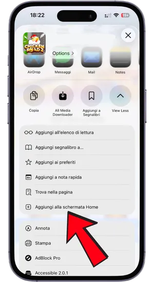 Aggiunta di Chicken Road 2 alla schermata Home da Safari o Chrome